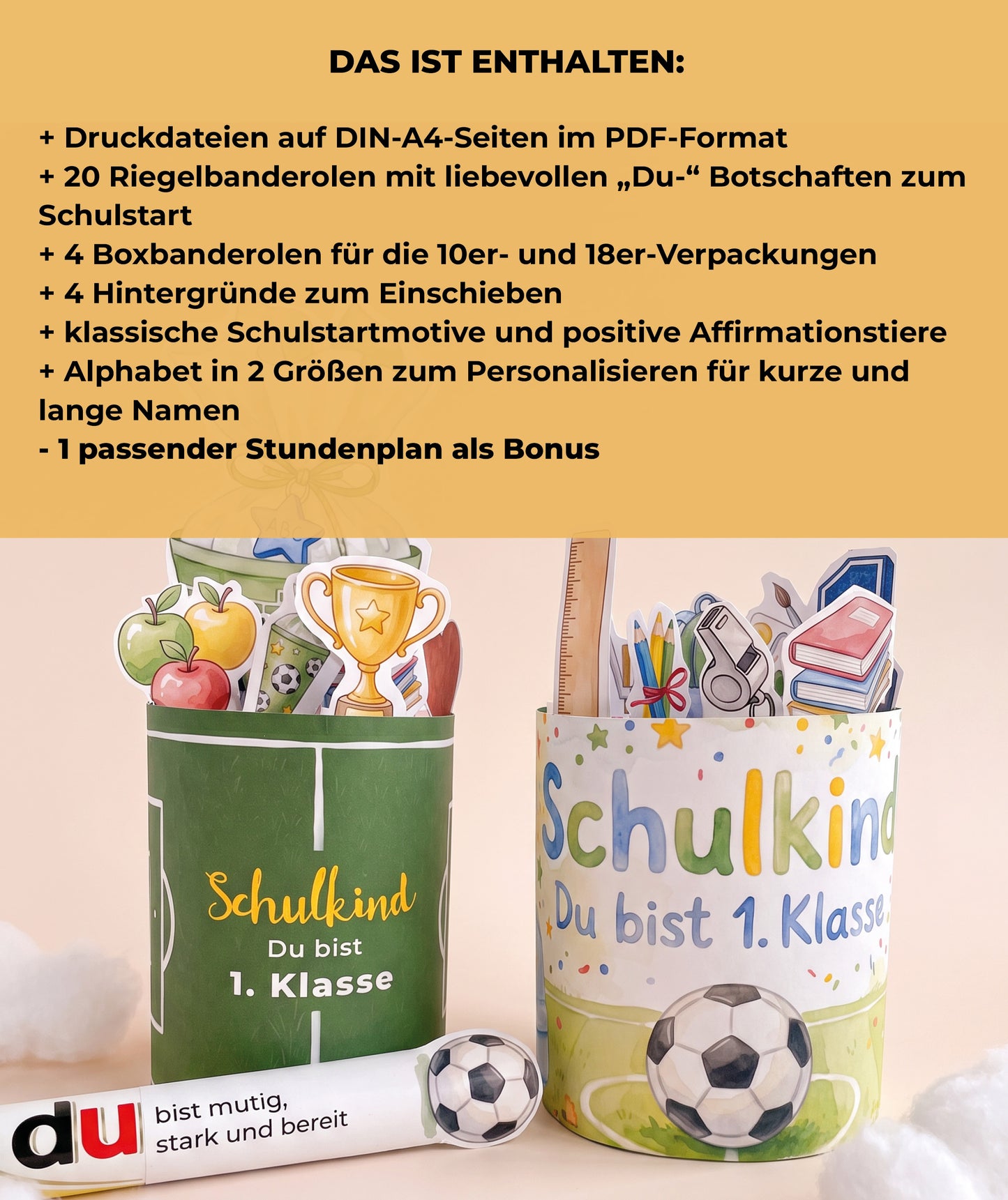 Fußball-Einschulungsset mit Mutmacher-Banderolen, Alphabet & Stundenplan
