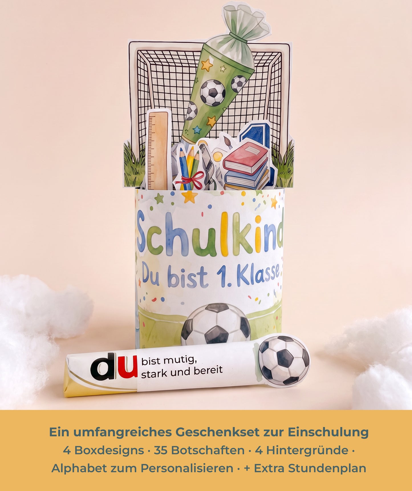 Fußball-Geschenkbox zur Einschulung – Banderolen-Set mit Stundenplan