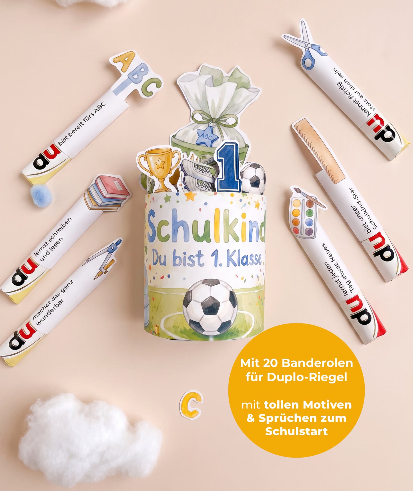 Fußball-Geschenkbox zur Einschulung – Banderolen-Set mit Stundenplan