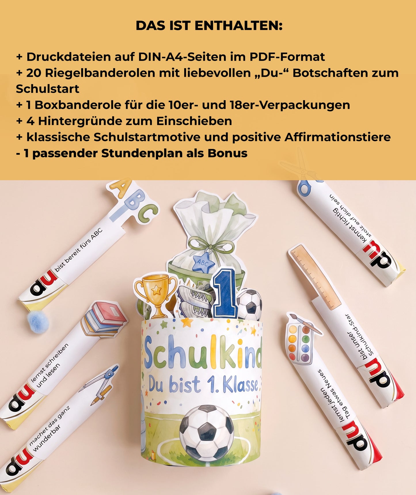 Fußball-Geschenkbox zur Einschulung – Banderolen-Set mit Stundenplan