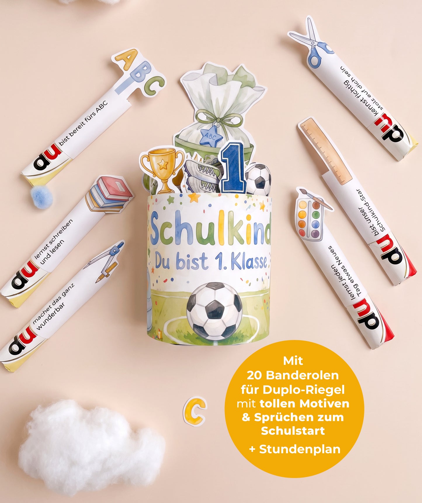 Fußball-Geschenkbox zur Einschulung – Banderolen-Set mit Stundenplan