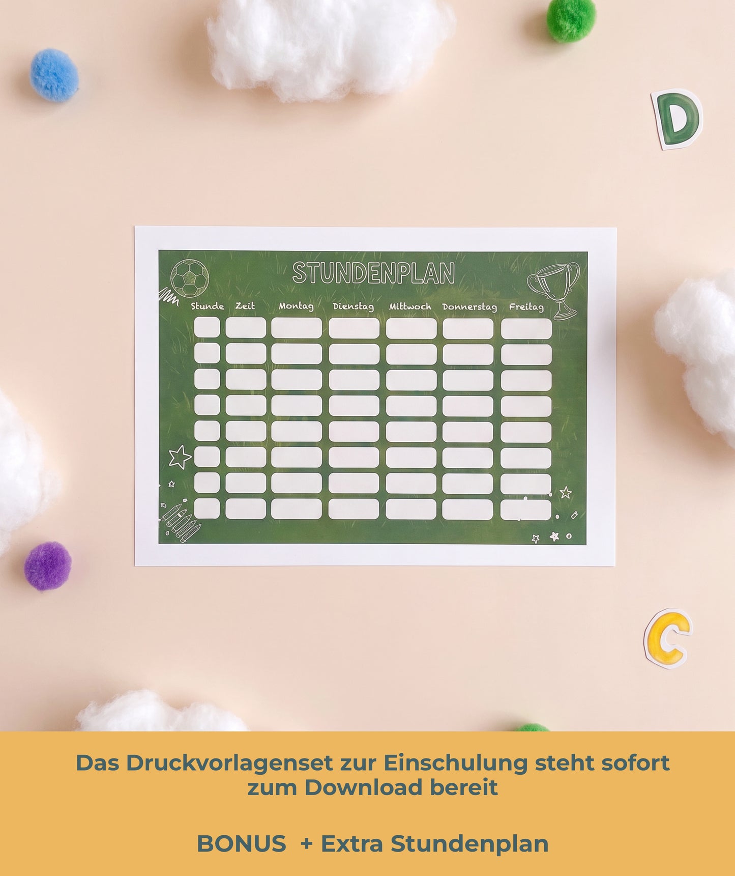 Einschulungsgeschenk für Fußballfans – Banderolen-Set mit Alphabet & Stundenplan