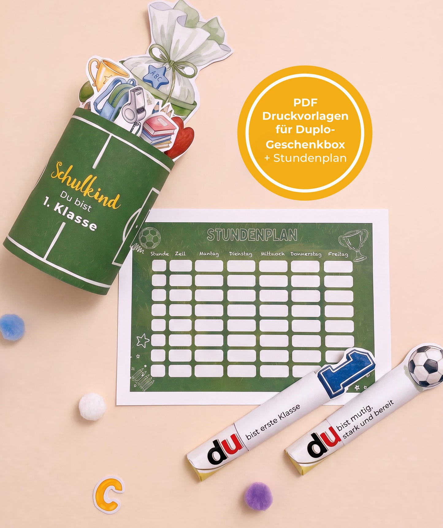 Einschulungsgeschenk für Fußballfans – Banderolen-Set mit Alphabet & Stundenplan
