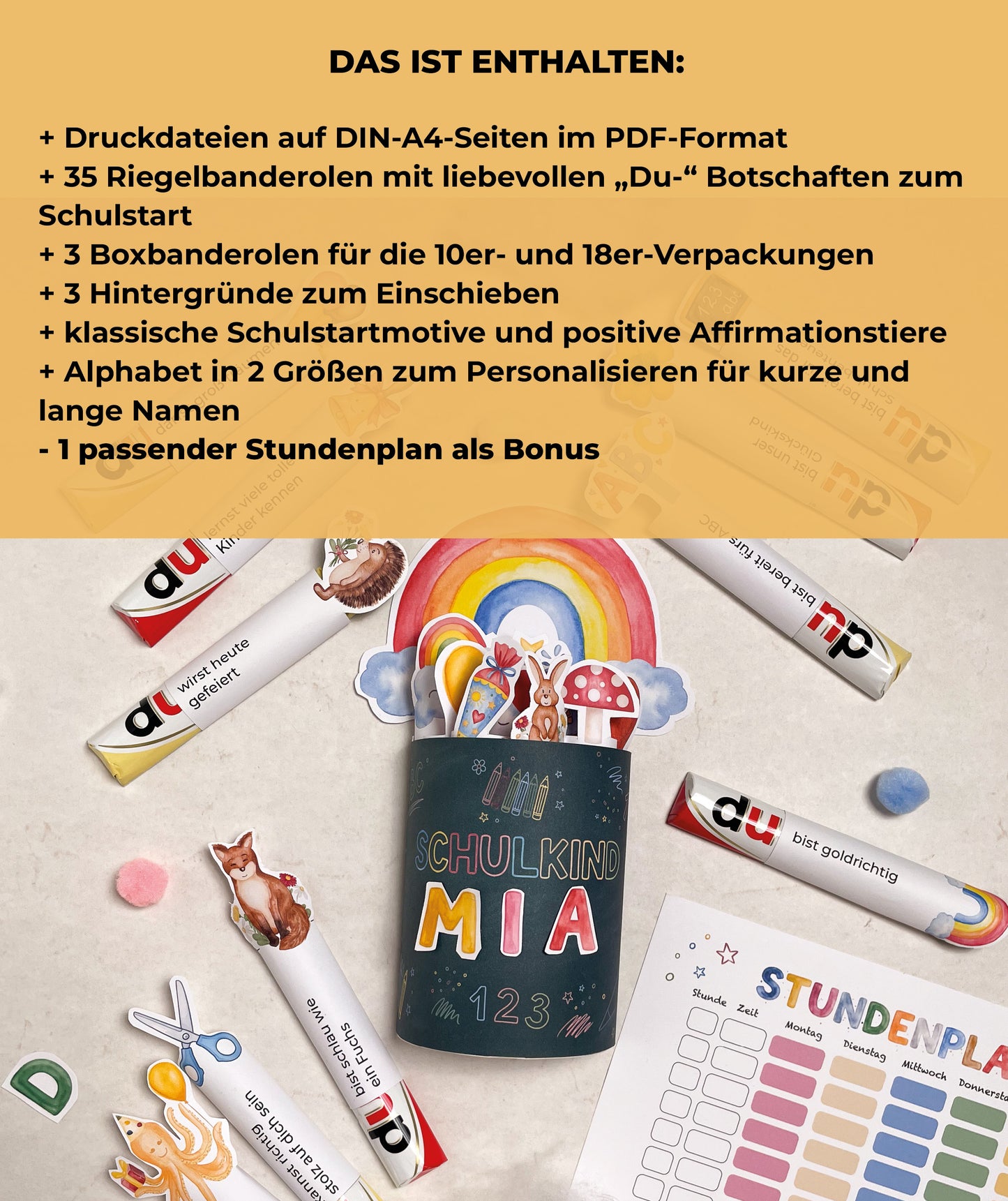 DIY-Geschenkbox zur Einschulung – Banderolen, Alphabet & Stundenplan