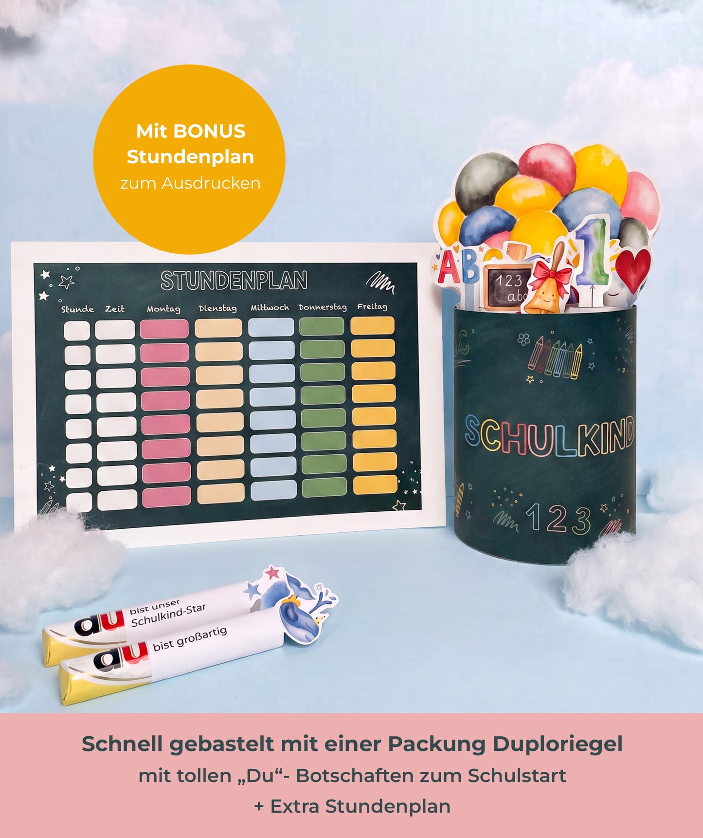 DIY-Geschenkbox zur Einschulung – Banderolen, Alphabet & Stundenplan