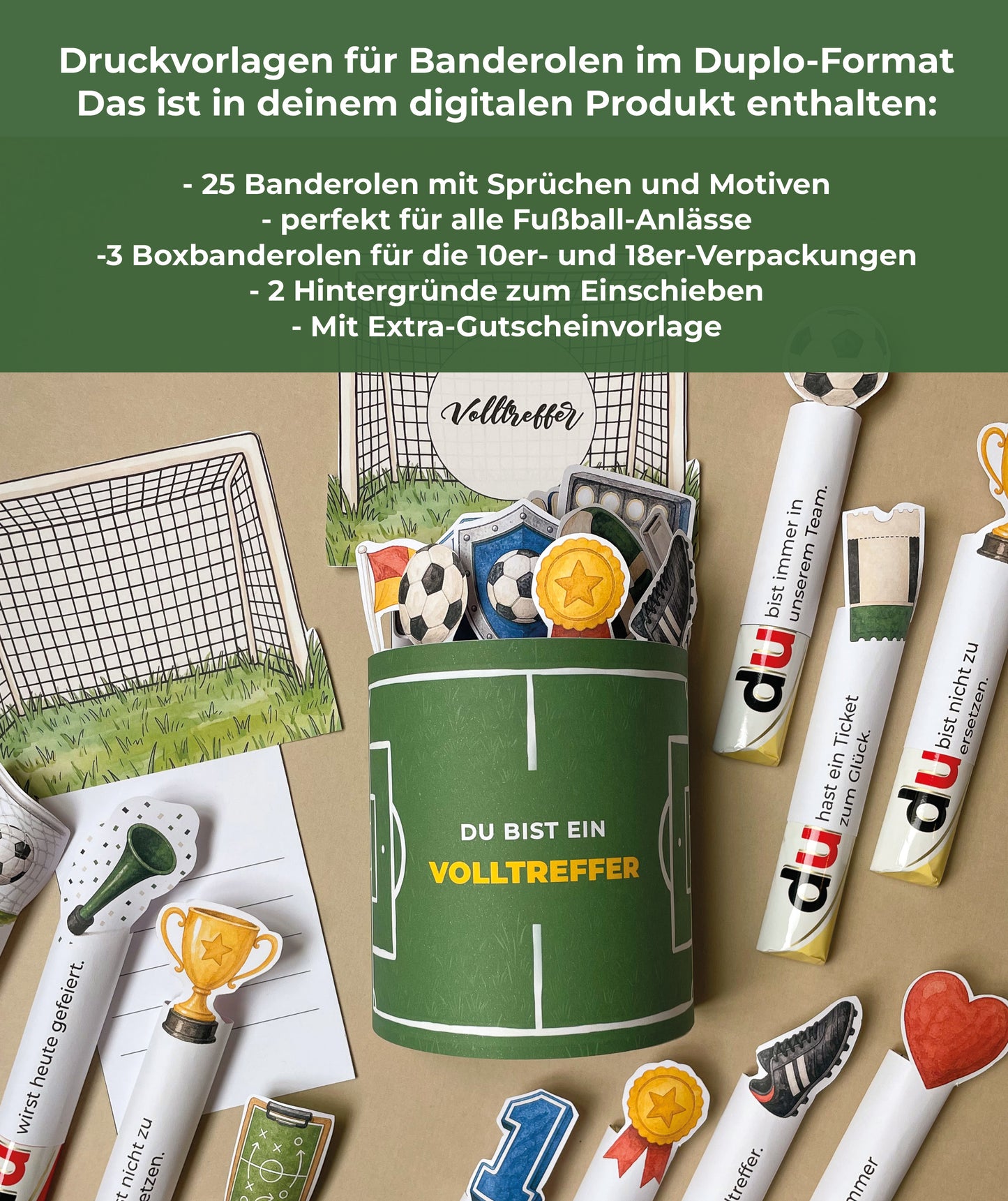 Fußball-Banderolen passend für Duploriegel – als Aufmerksamkeit & zum Geburtstag