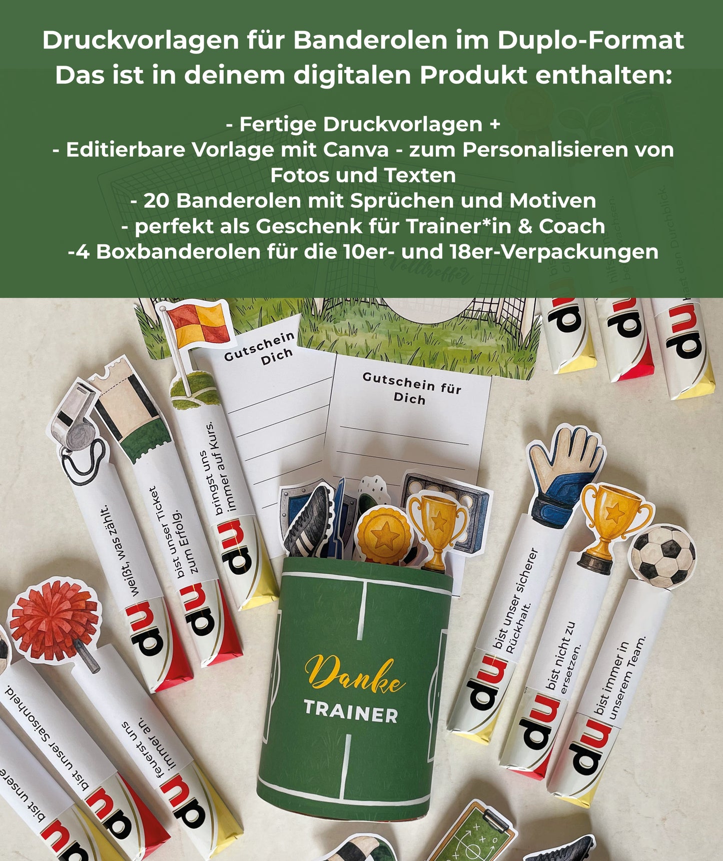 Fußball Trainer*in Geschenkbox zum Ausdrucken | Banderolen & editierbare Canva-Vorlage