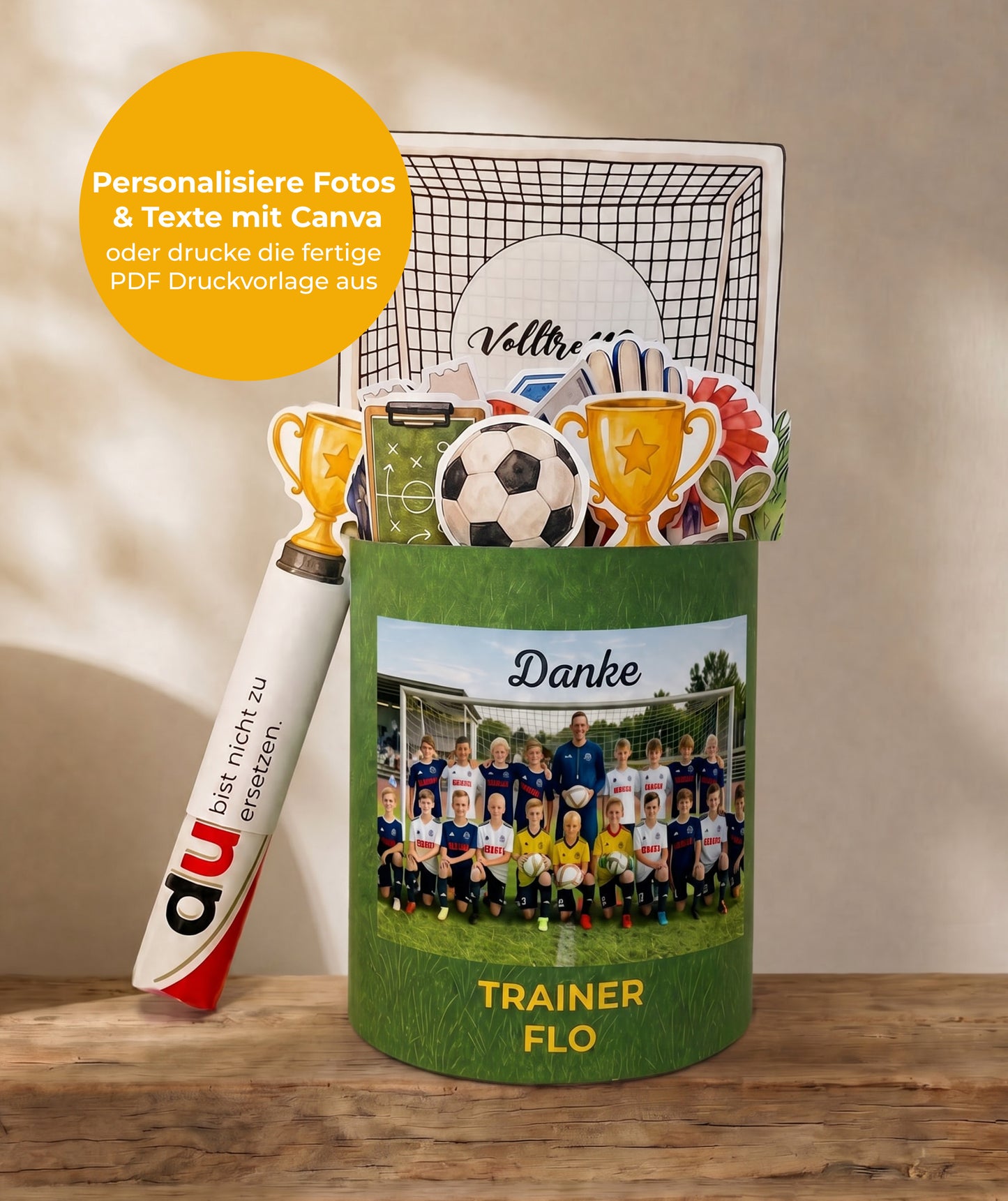 Fußball Trainer*in Geschenkbox zum Ausdrucken | Banderolen & editierbare Canva-Vorlage