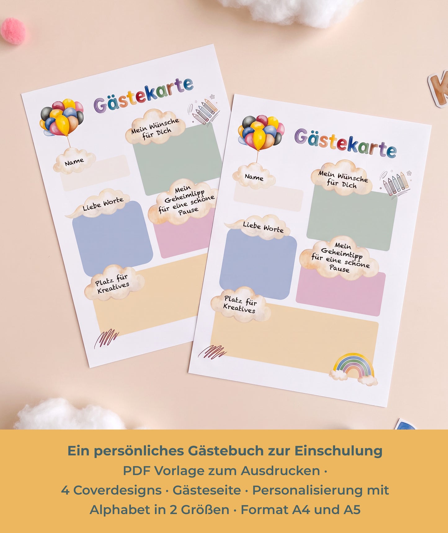 Fuchs-Gästebuch zur Einschulung – PDF-Vorlage mit 4 Coverdesigns & Alphabet