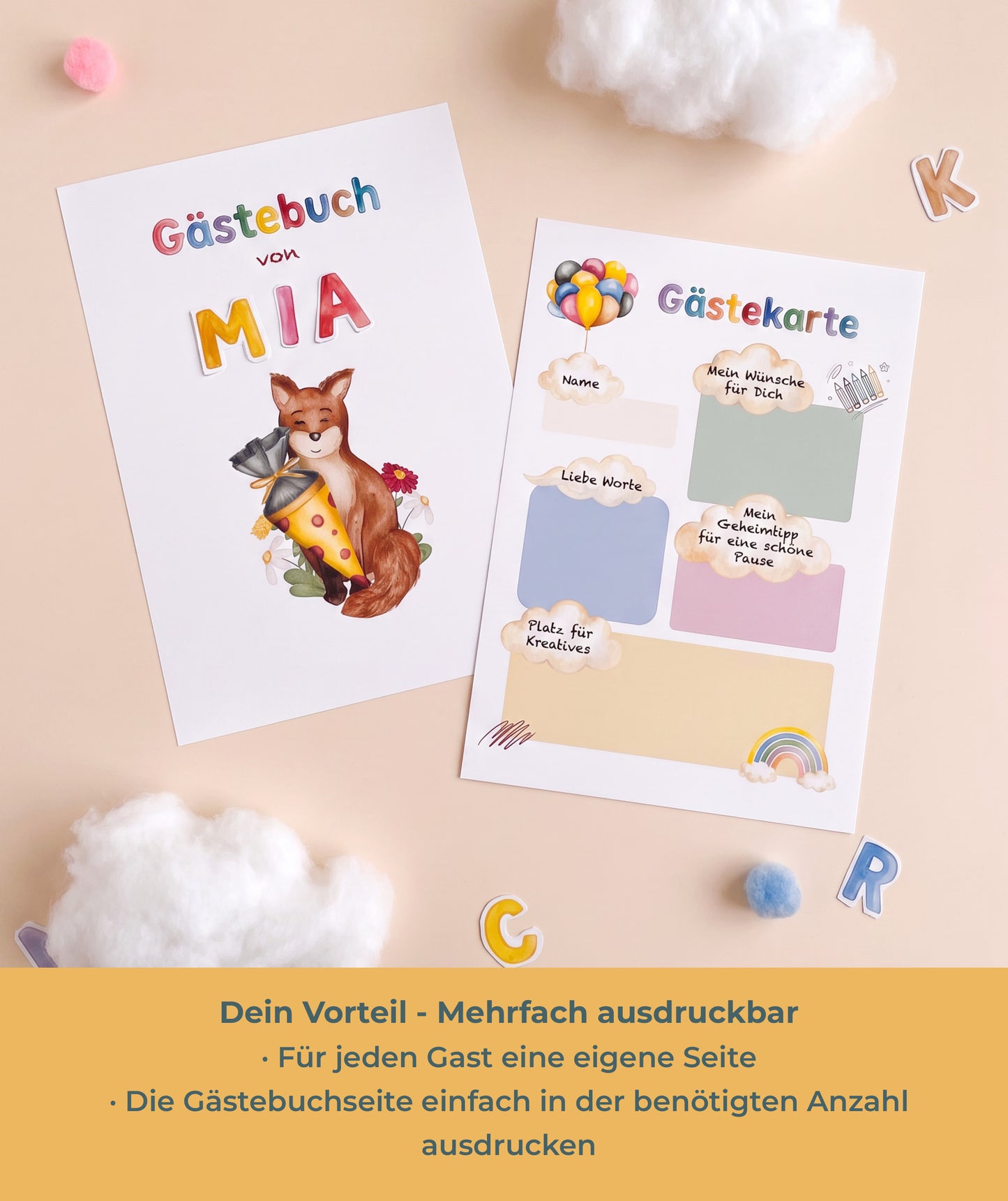 Fuchs-Gästebuch zur Einschulung – PDF-Vorlage mit 4 Coverdesigns & Alphabet