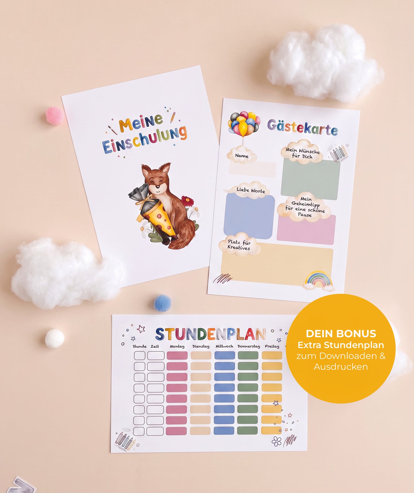 Fuchs-Gästebuch zur Einschulung – PDF-Vorlage mit 4 Coverdesigns & Alphabet
