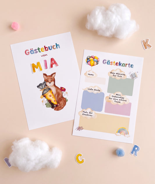 Fuchs-Gästebuch zur Einschulung – PDF-Vorlage mit 4 Coverdesigns & Alphabet