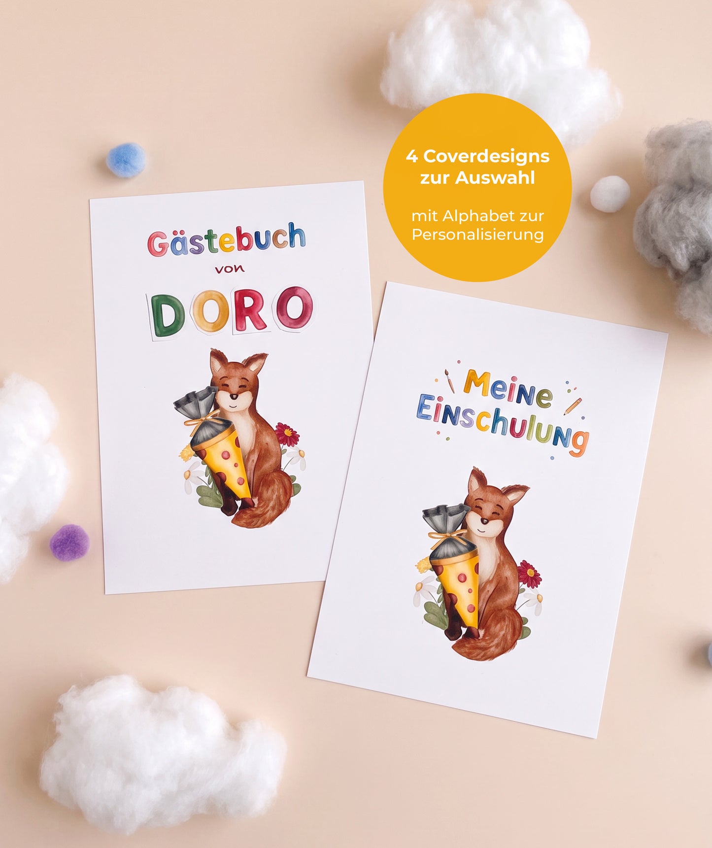 Fuchs-Gästebuch zur Einschulung – PDF-Vorlage mit 4 Coverdesigns & Alphabet