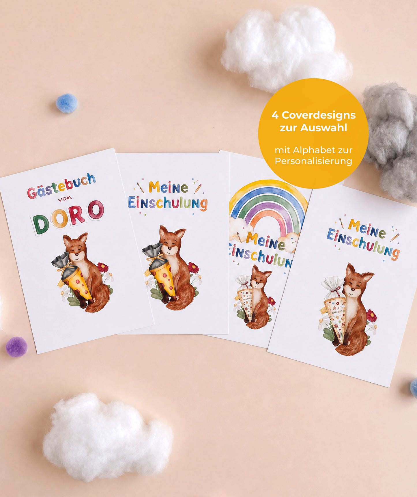 Fuchs-Gästebuch zur Einschulung – PDF-Vorlage mit 4 Coverdesigns & Alphabet