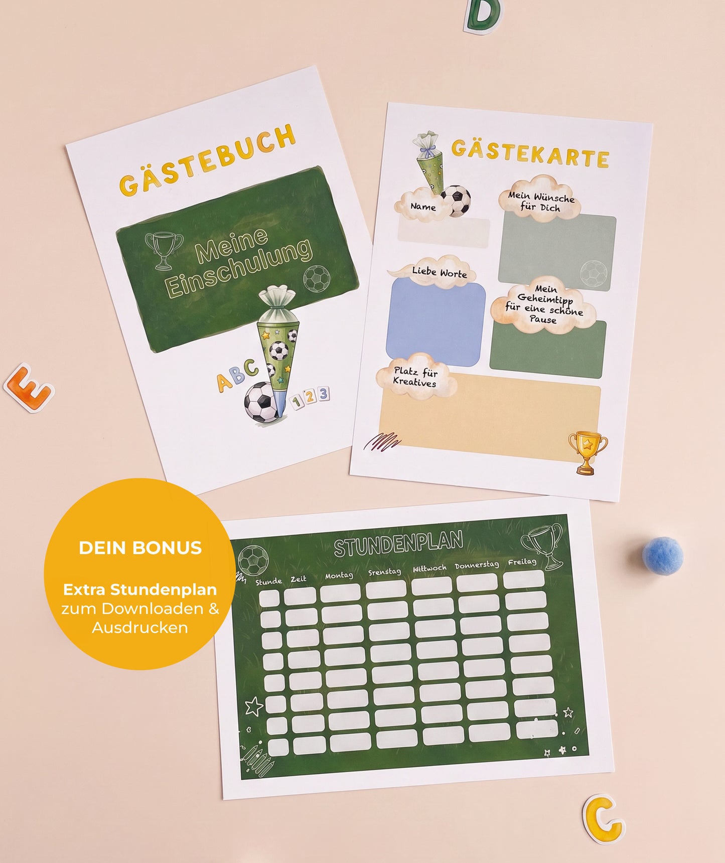 Fußball-Gästebuch zur Einschulung – personalisierbare PDF-Vorlage mit Alphabet