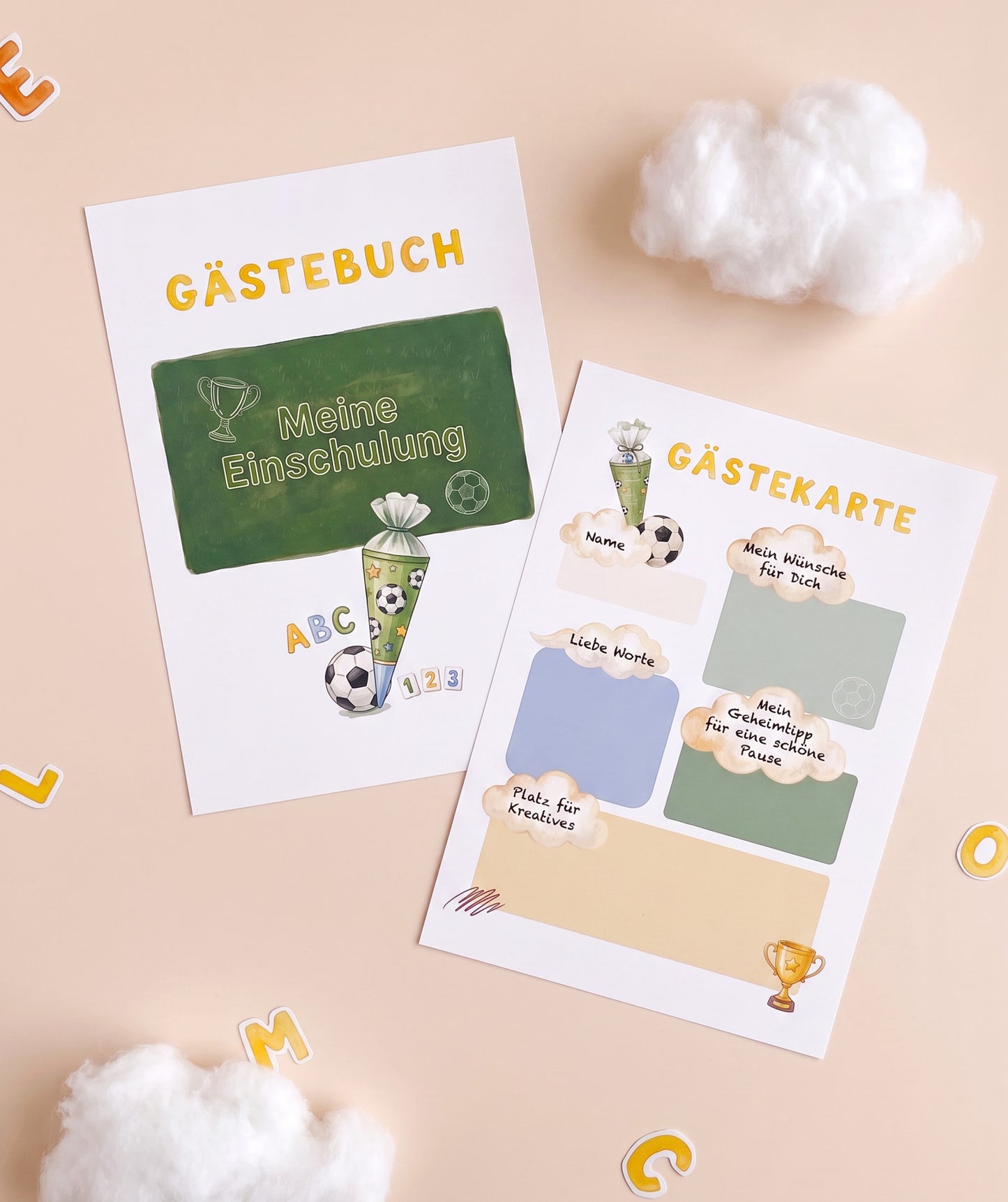 Fußball-Gästebuch zur Einschulung – personalisierbare PDF-Vorlage mit Alphabet