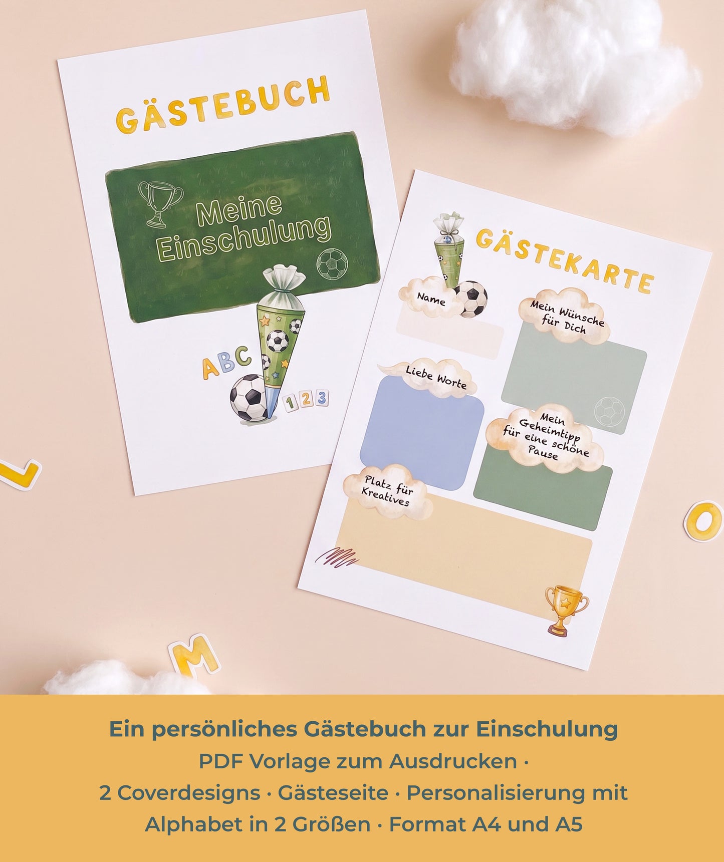 Fußball-Gästebuch zur Einschulung – personalisierbare PDF-Vorlage mit Alphabet