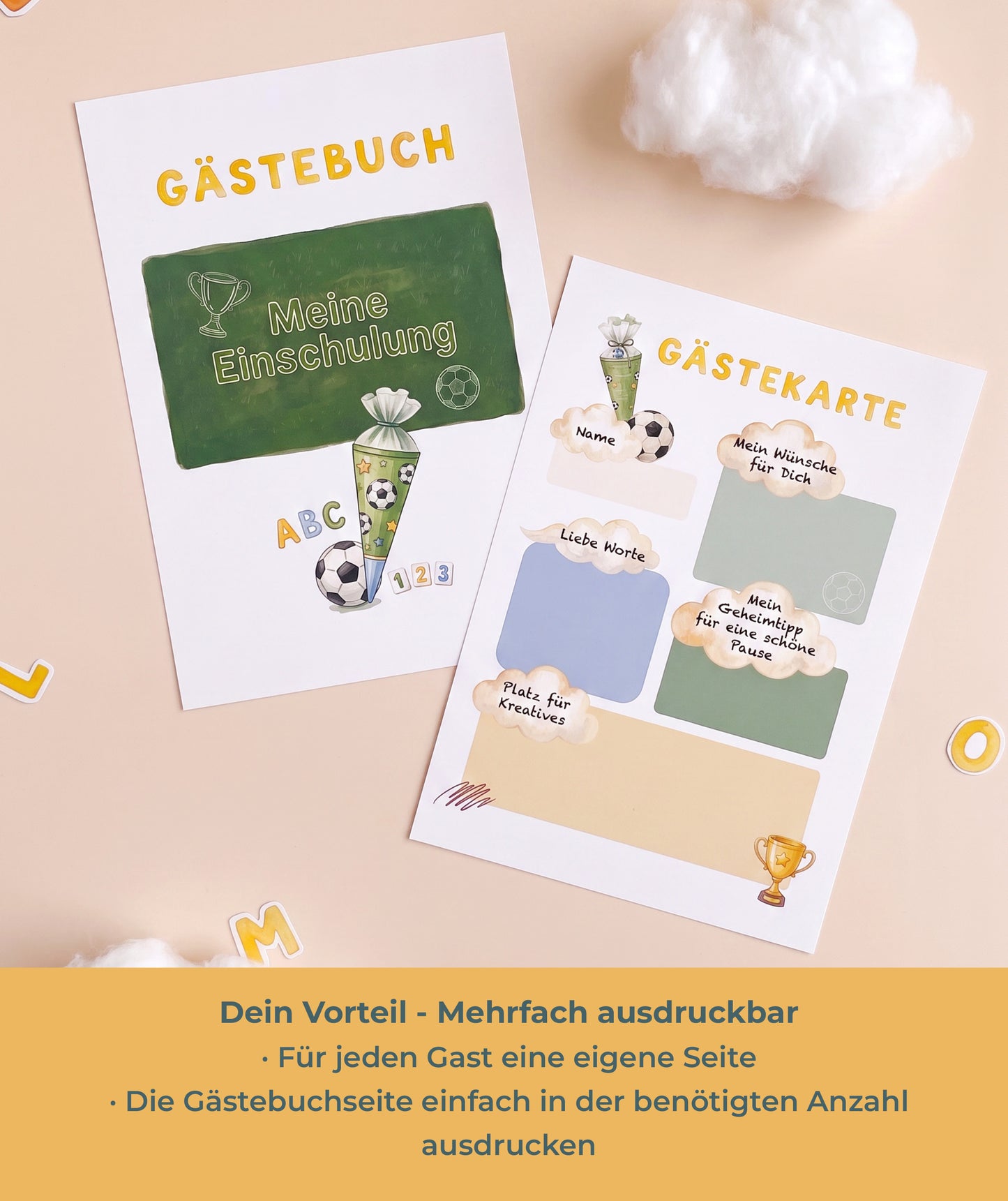 Fußball-Gästebuch zur Einschulung – personalisierbare PDF-Vorlage mit Alphabet