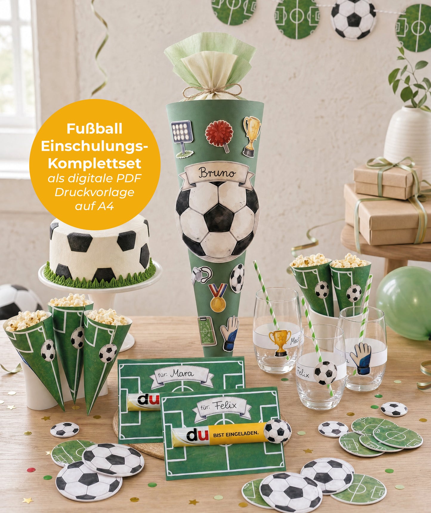 Fußball Einschulung Set zum Ausdrucken | Einladung, Mini-Schultüten & Partydeko