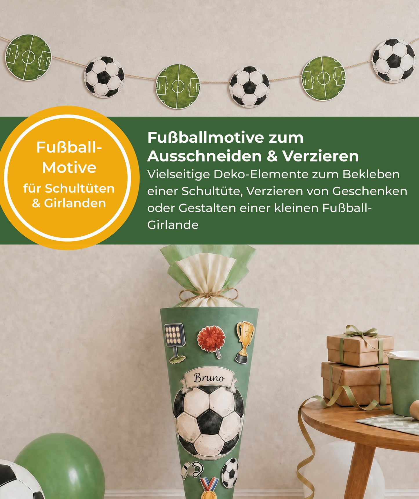Fußball Einschulung Set zum Ausdrucken | Einladung, Mini-Schultüten & Partydeko