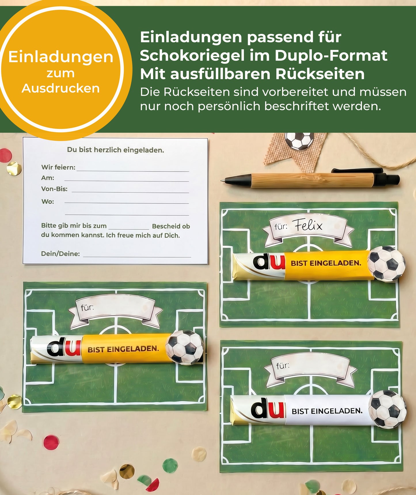 Fußball Einschulung Set zum Ausdrucken | Einladung, Mini-Schultüten & Partydeko