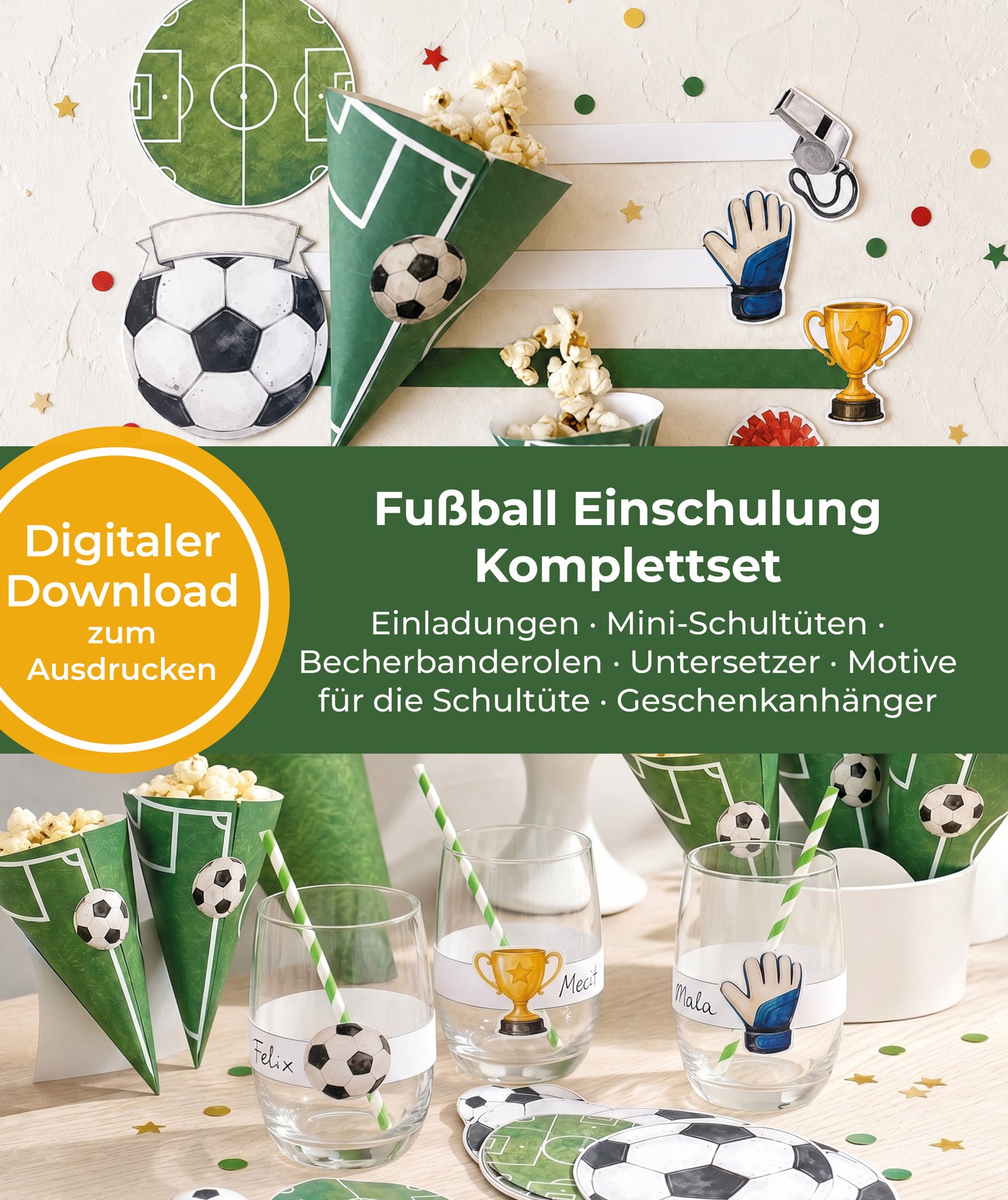 Fußball Einschulung Set zum Ausdrucken | Einladung, Mini-Schultüten & Partydeko