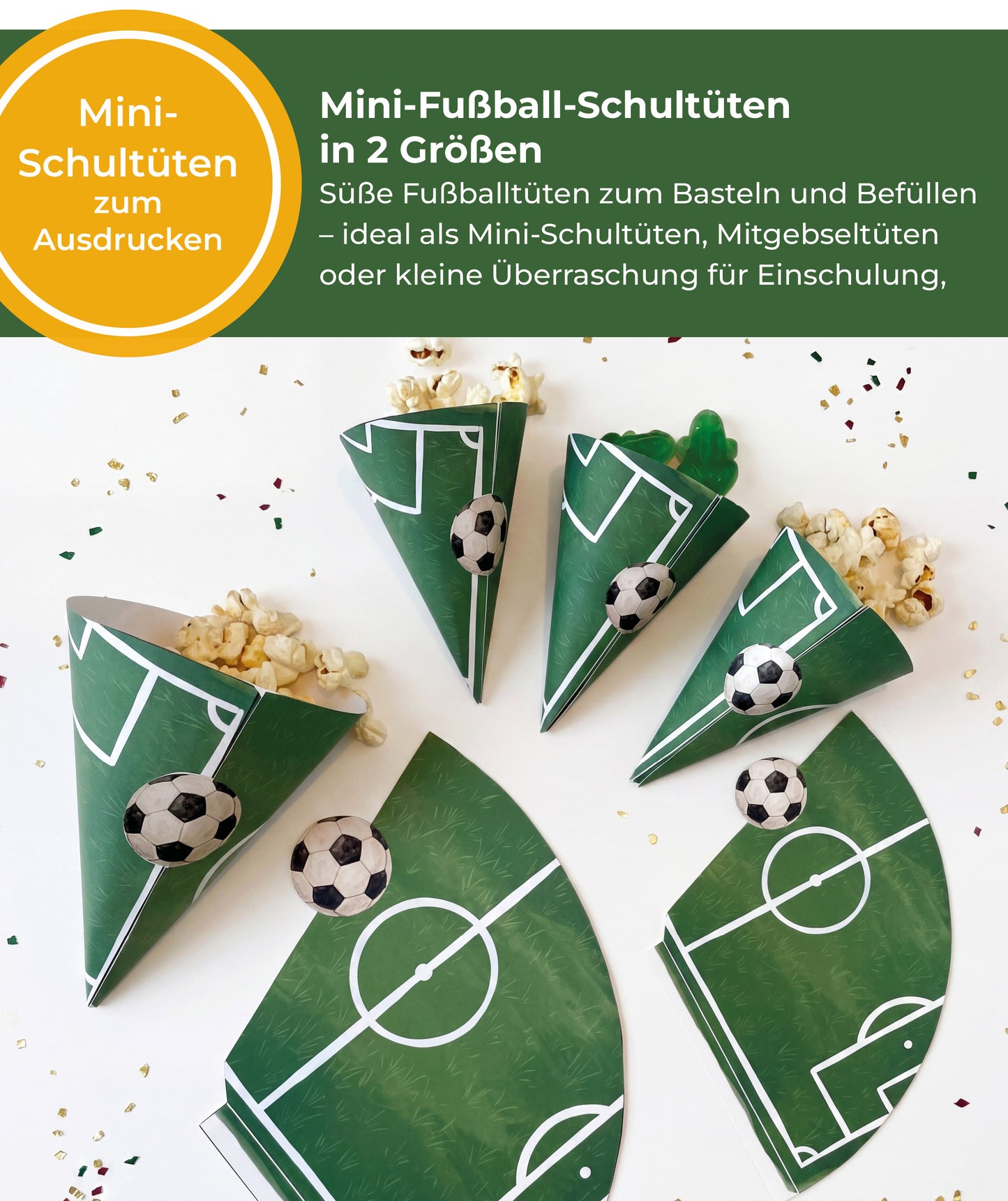 Fußball Einschulung Set zum Ausdrucken | Einladung, Mini-Schultüten & Partydeko