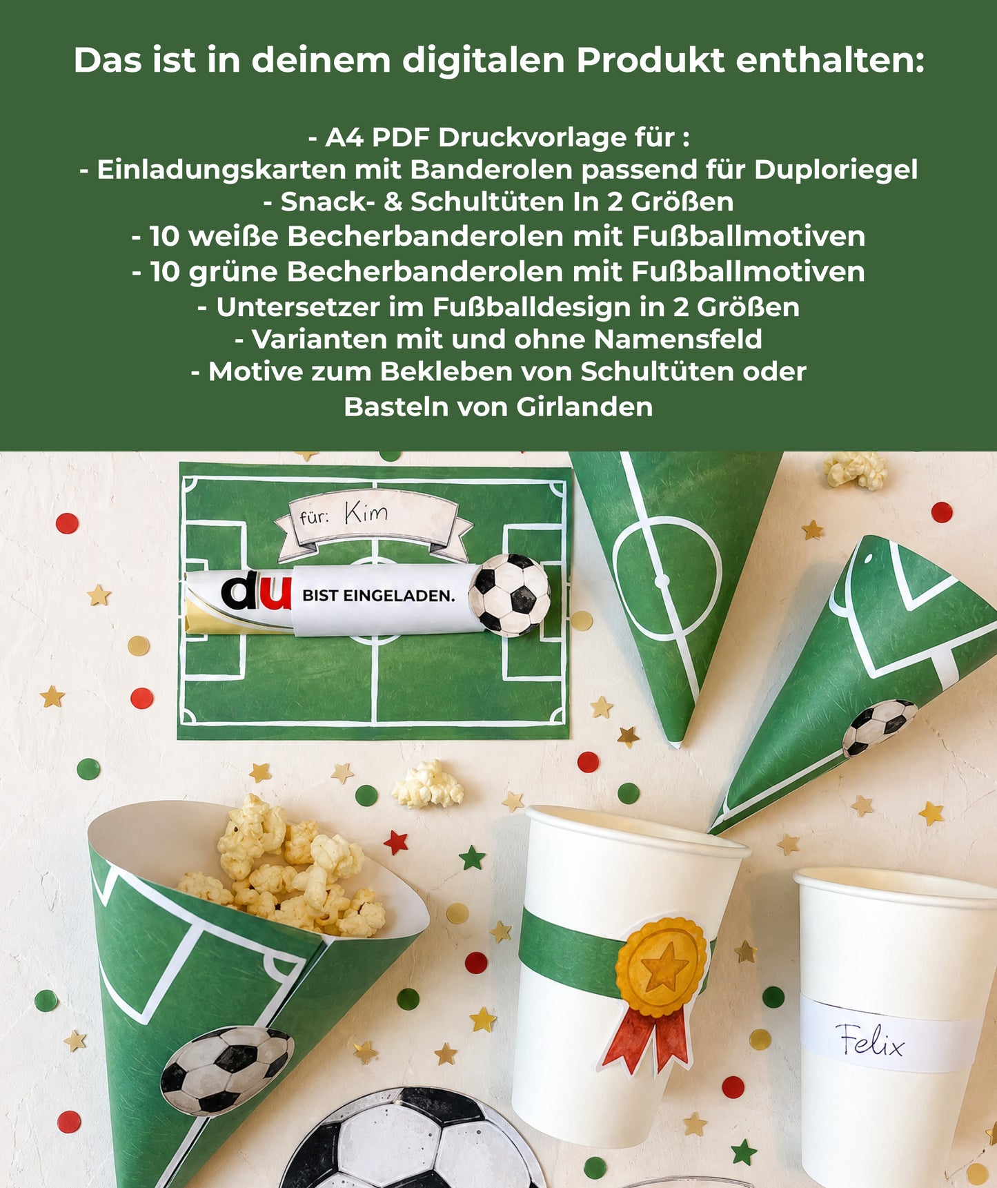 Fußball Einschulung Set zum Ausdrucken | Einladung, Mini-Schultüten & Partydeko