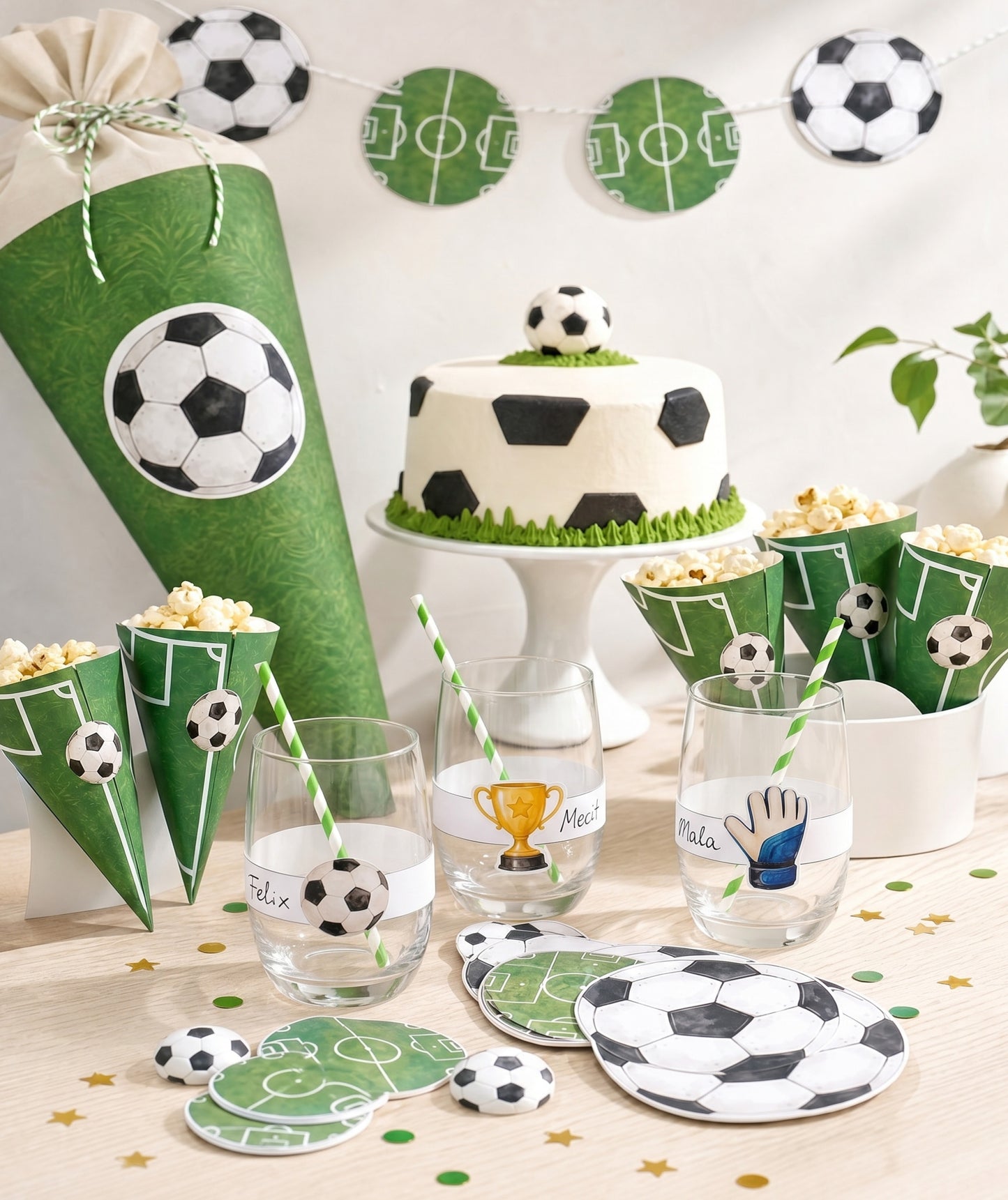 Fußball Einschulung Set zum Ausdrucken | Einladung, Mini-Schultüten & Partydeko