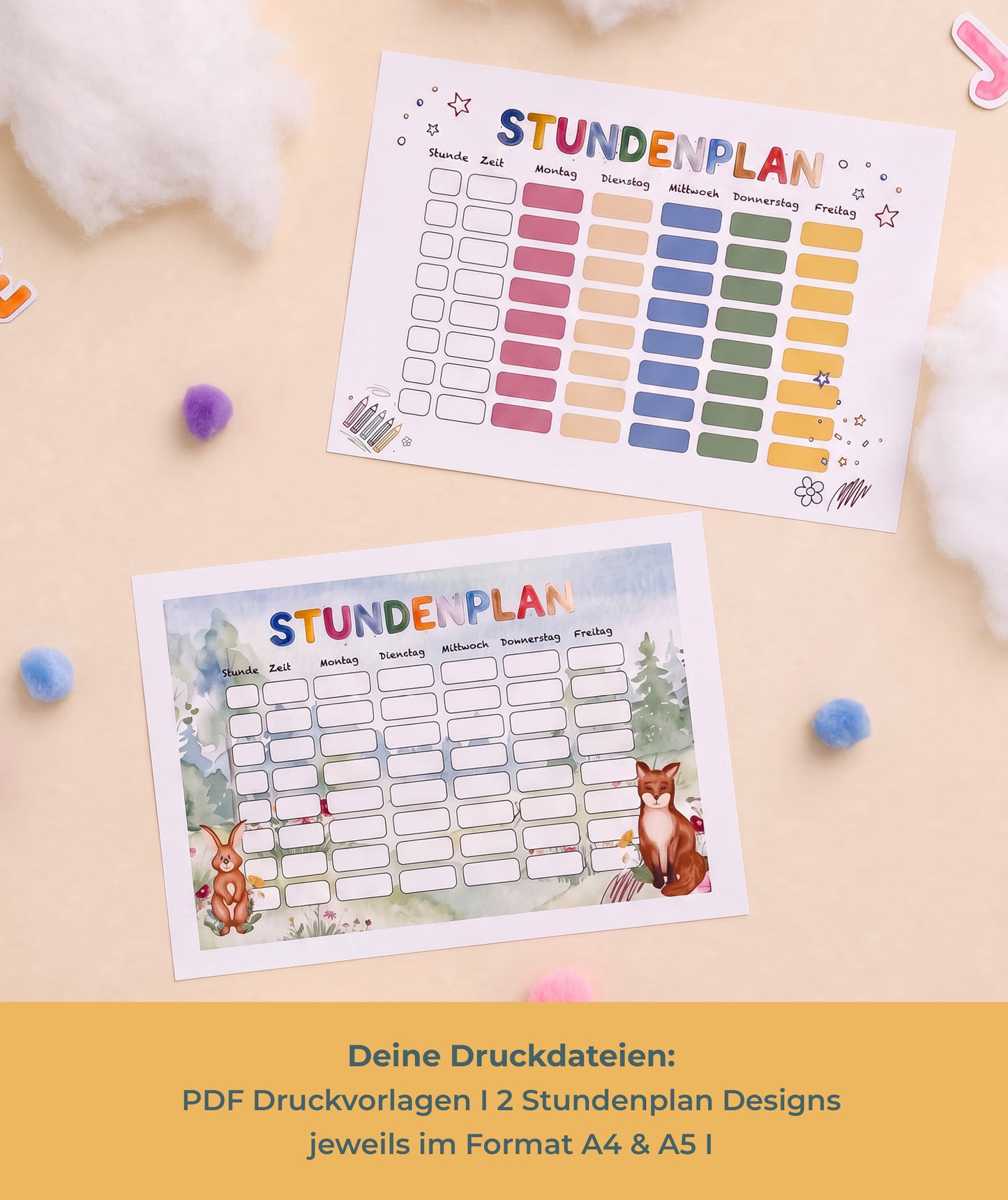 Stundenplan-Set mit Fuchs & Hase – 2 Designs in DIN A4 und DIN A5