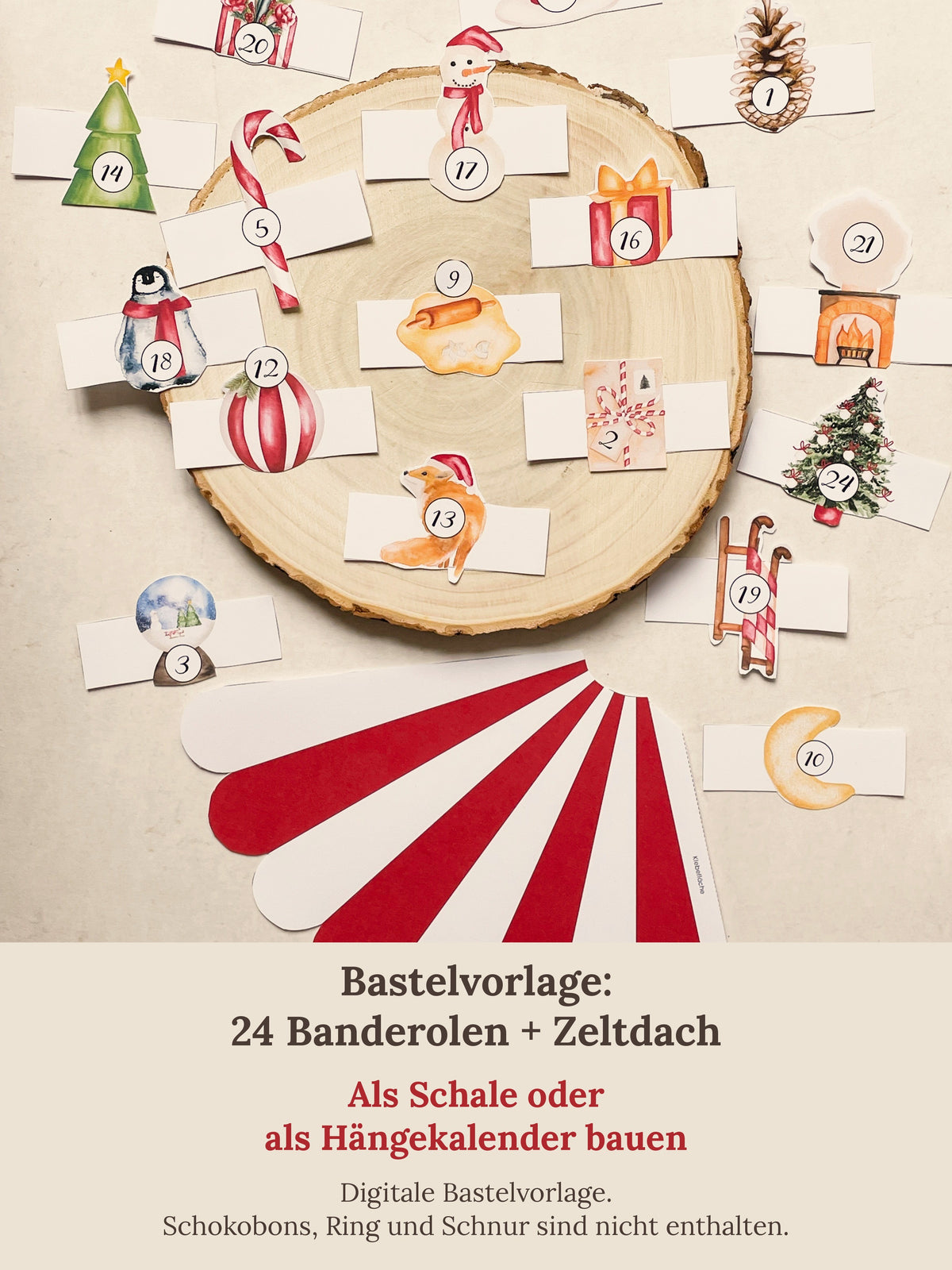 Digitale Bastelvorlage zum Ausdrucken: Schokobon-Banderolen und Zeltdach