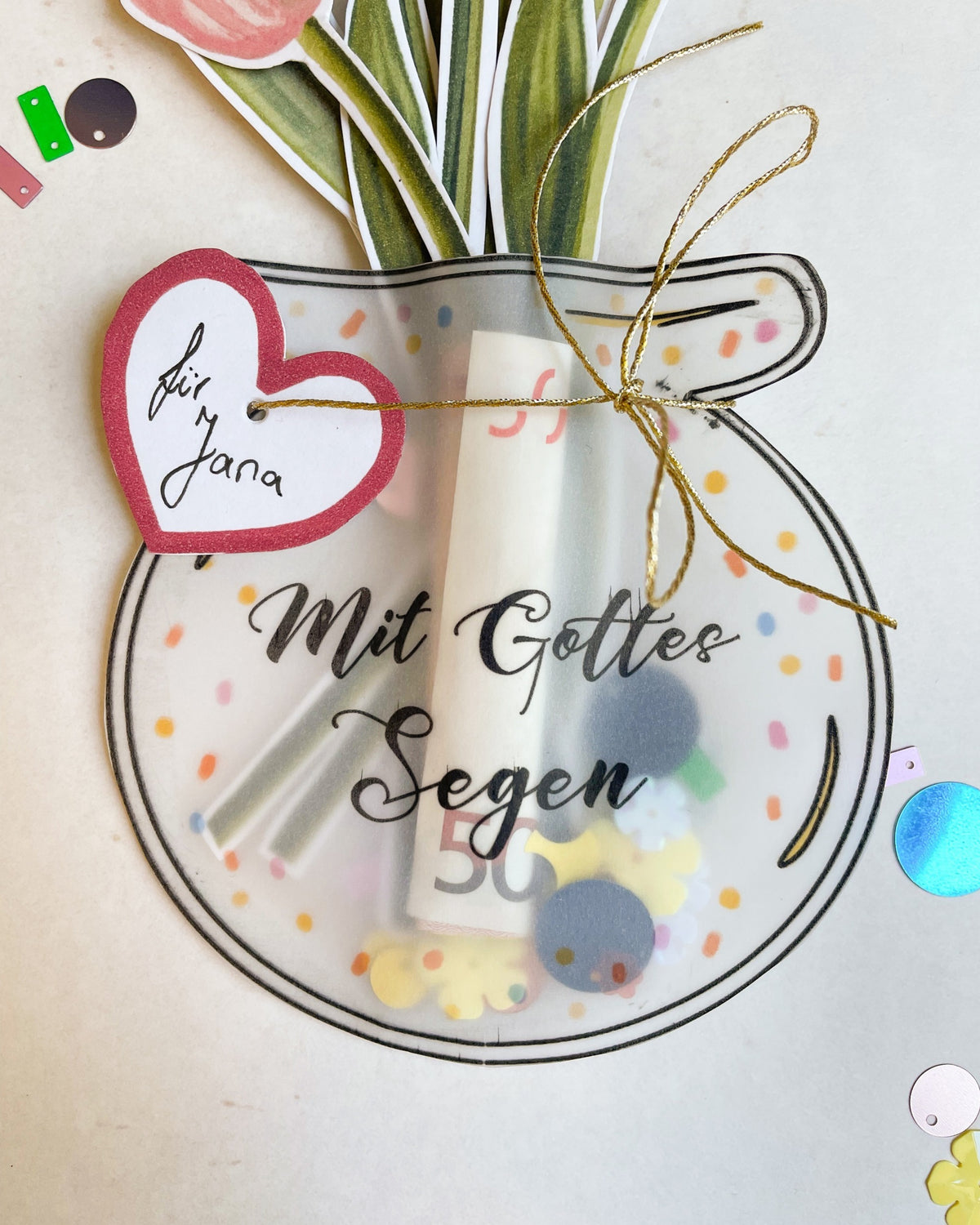 Geldgeschenk Taufe zum Ausdrucken – Vase mit Tulpen „Mit Gottes Segen“