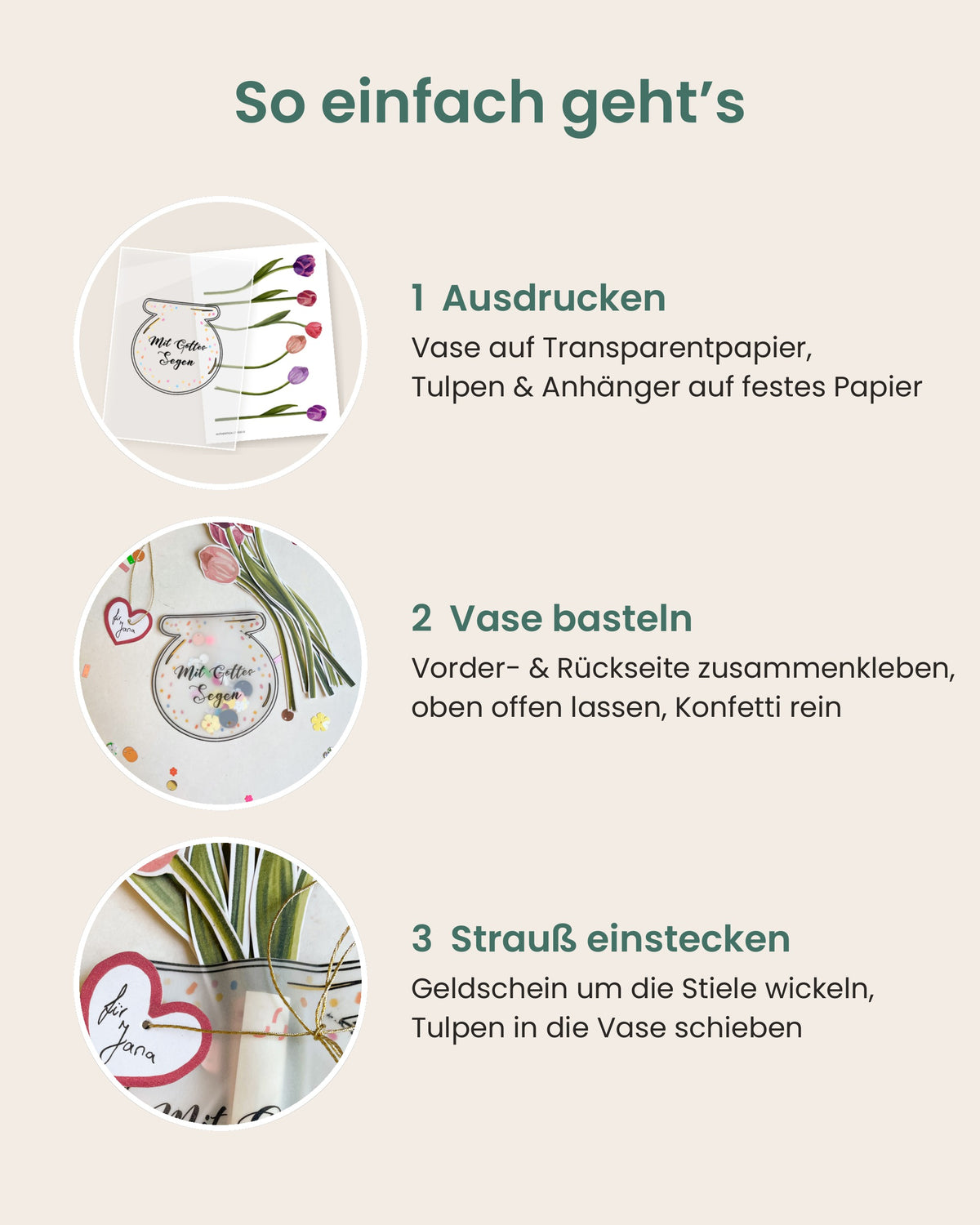 Geldgeschenk Taufe zum Ausdrucken – Vase mit Tulpen „Mit Gottes Segen“