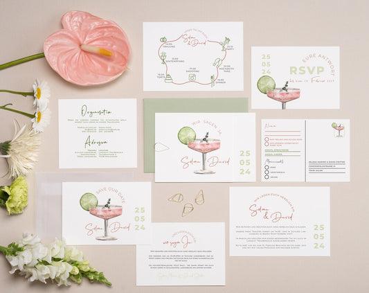 Musterset Hochzeitseinladungen "Cheers to Love Rosé"