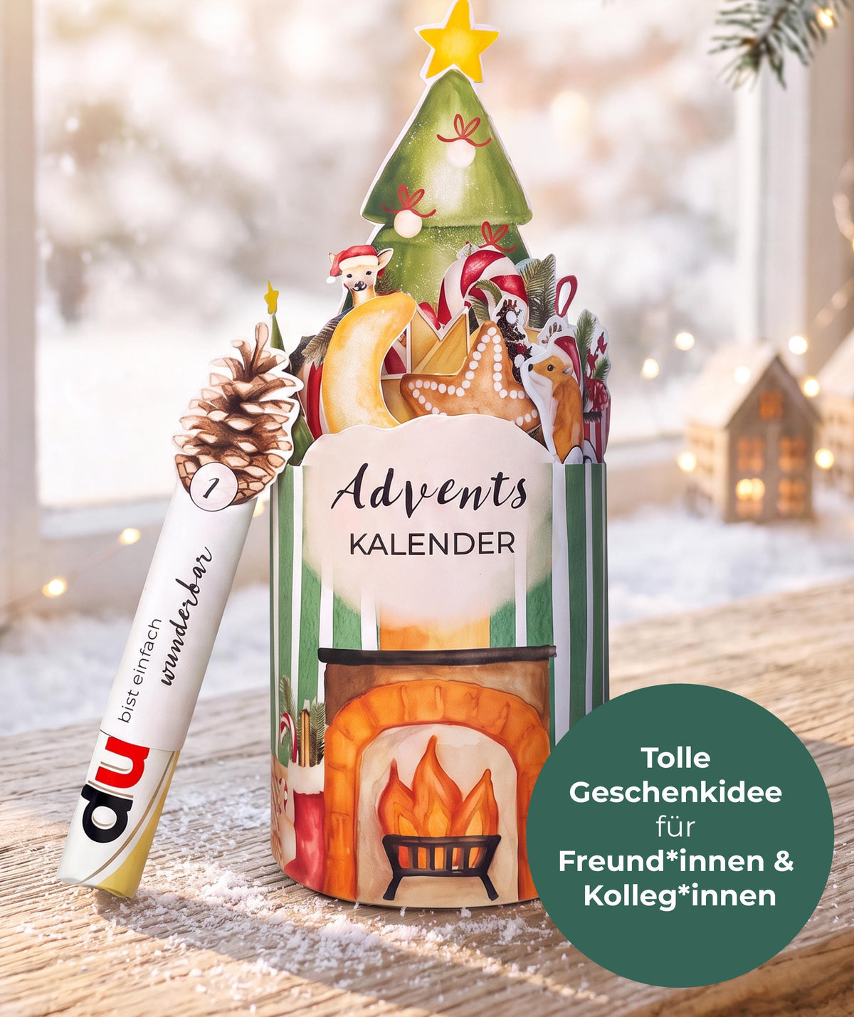 Adventskalender Kamin Grün für Kolleg*innen