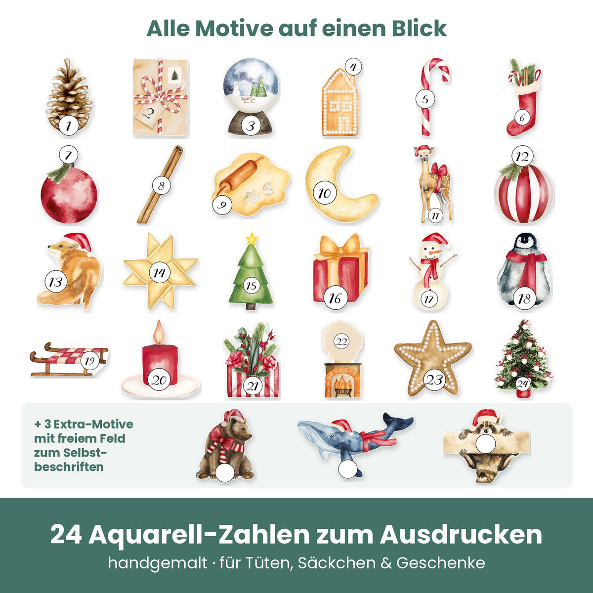 Übersicht aller 24 Adventskalender-Zahlen und 3 Extra-Motive