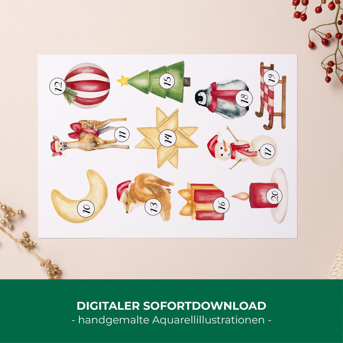 A4-Druckbogen mit Adventskalender-Zahlen