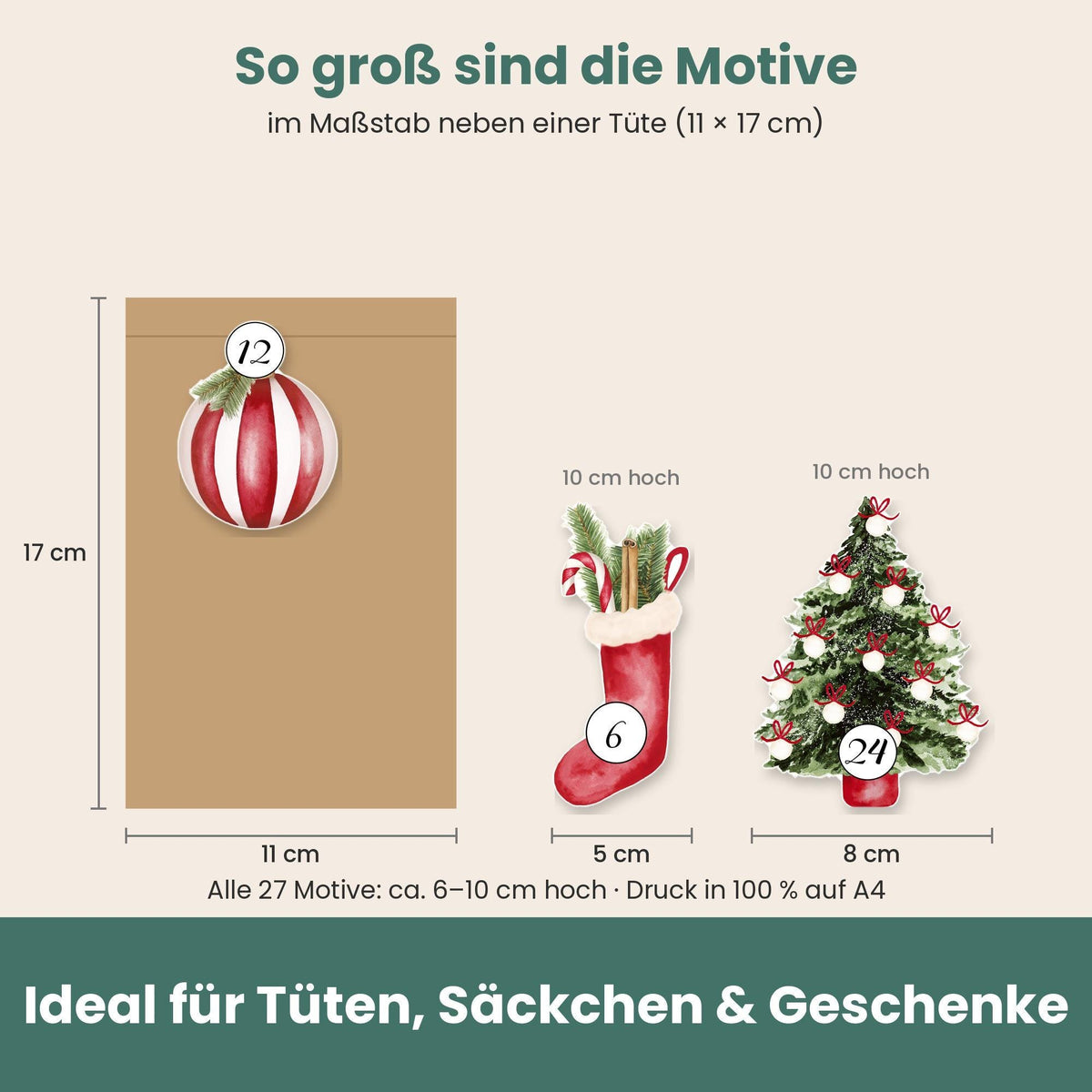 Größe der Motive im Vergleich zu einer Tüte
