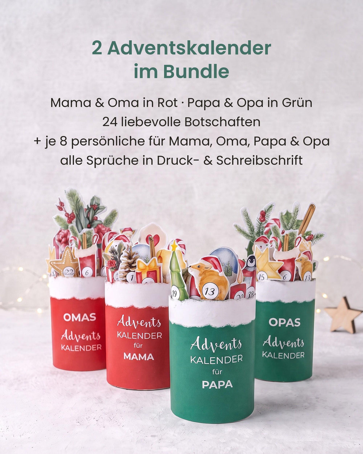 Inhalt: 24 liebevolle Botschaften + je 8 persönliche für Mama, Oma, Papa & Opa